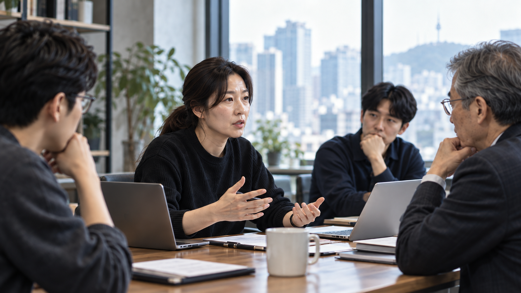 한 직원이 대표와 동료들에게 조직의 문제를 설명하는 회의 장면