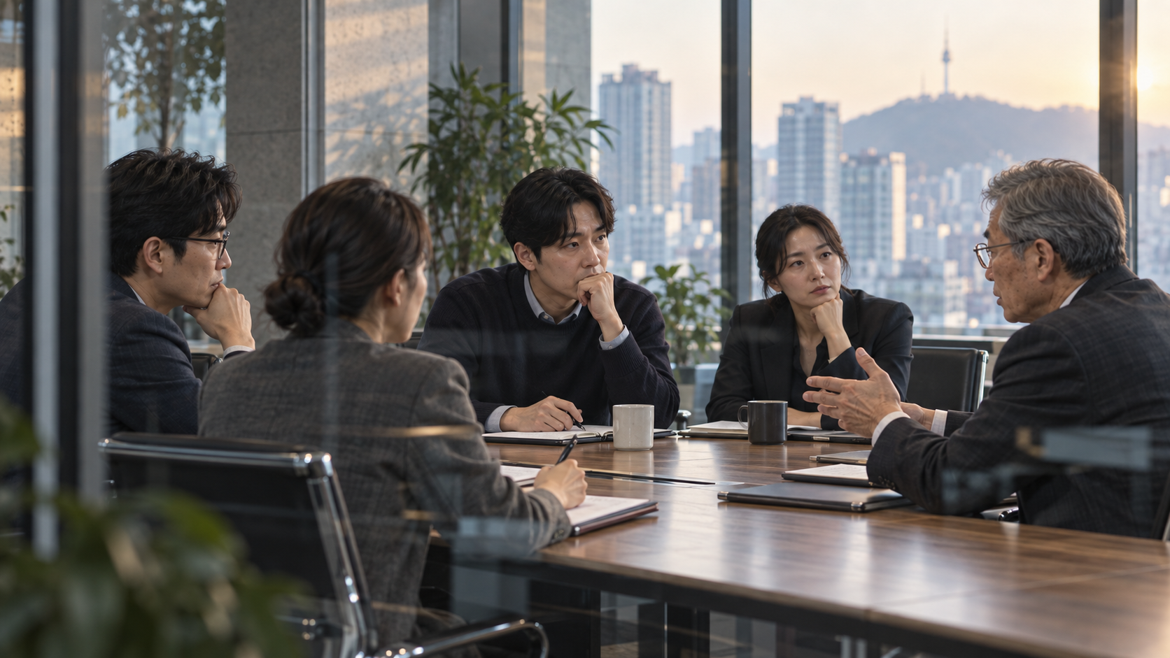대표와 관리자들이 회의실에서 의사결정 조건을 논의하는 모습