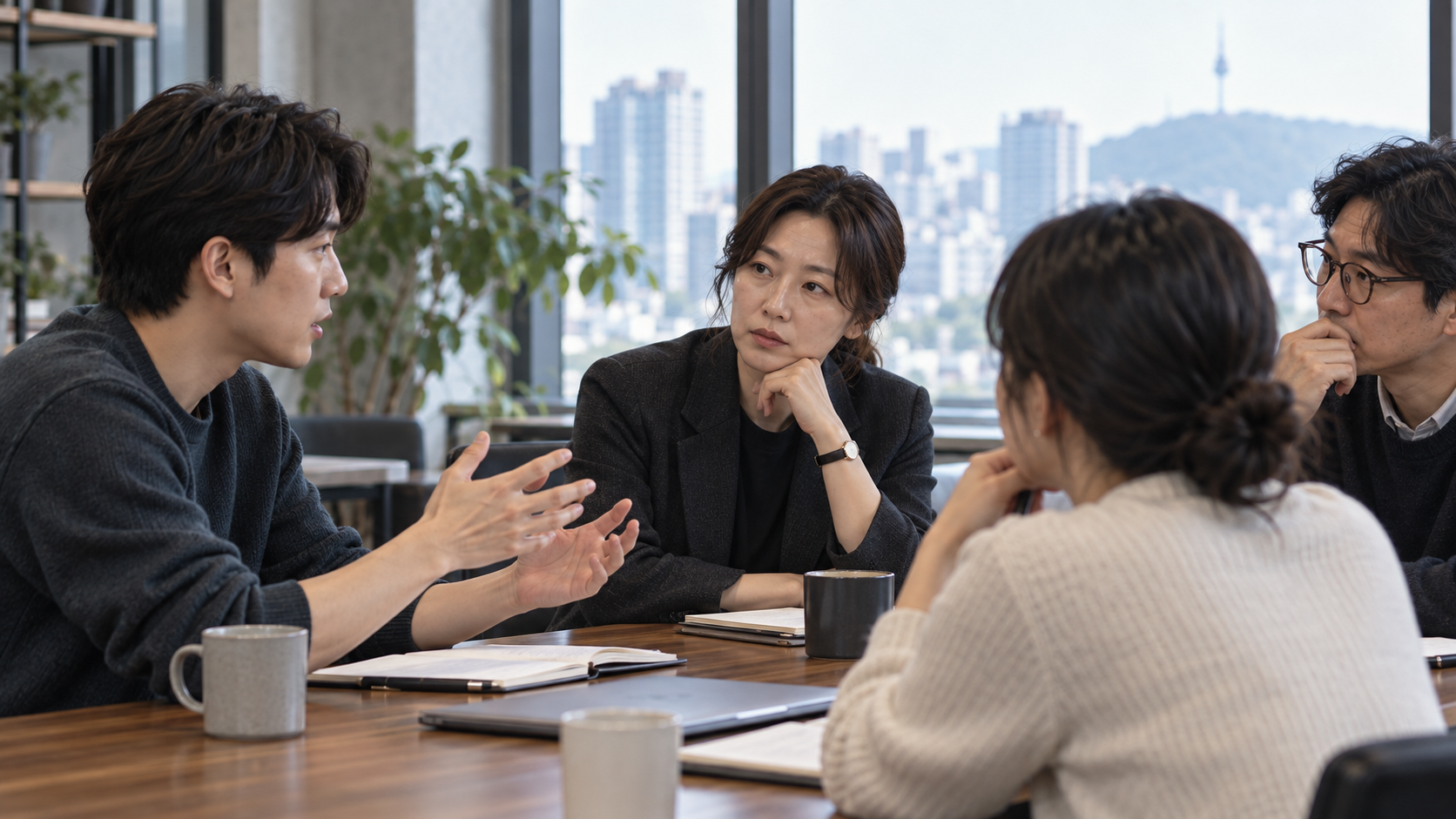 한 구성원이 의견을 말하고 동료들이 경청하는 소규모 회의